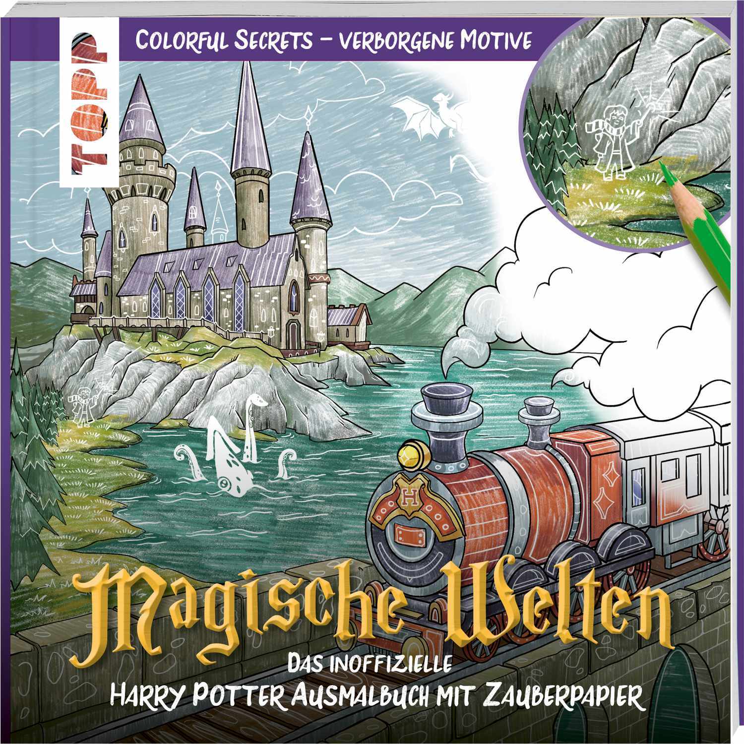 Magische Welten - Harry Potter Ausmalbuch mit Zauberpapier zeigt eine Burg und einen Zug in einer malerischen Landschaft. Marke: TOPP.
