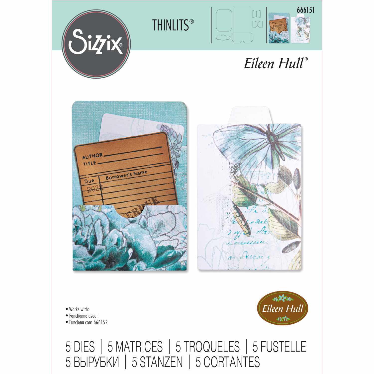 Thinlits Die Set Library Pocket von Eileen Hull zeigt ein kreatives Design mit floralen Mustern und einer Karteikarte, ideal für Bastelprojekte.