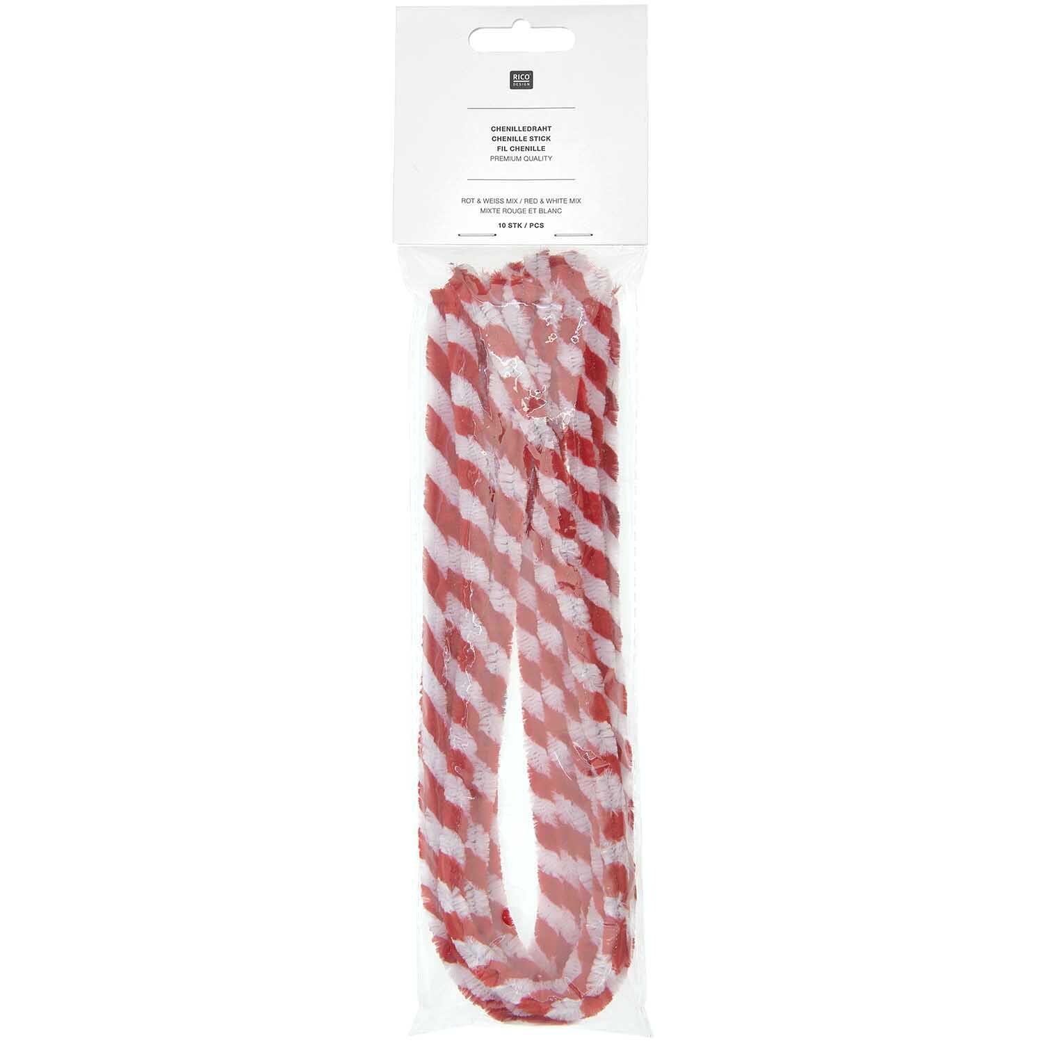 Chenilledraht-Mix 50cm 10 Stück rot & weiß von Rico Design, verpackt in einer transparenten Tüte. Ideal für kreative Bastelprojekte.