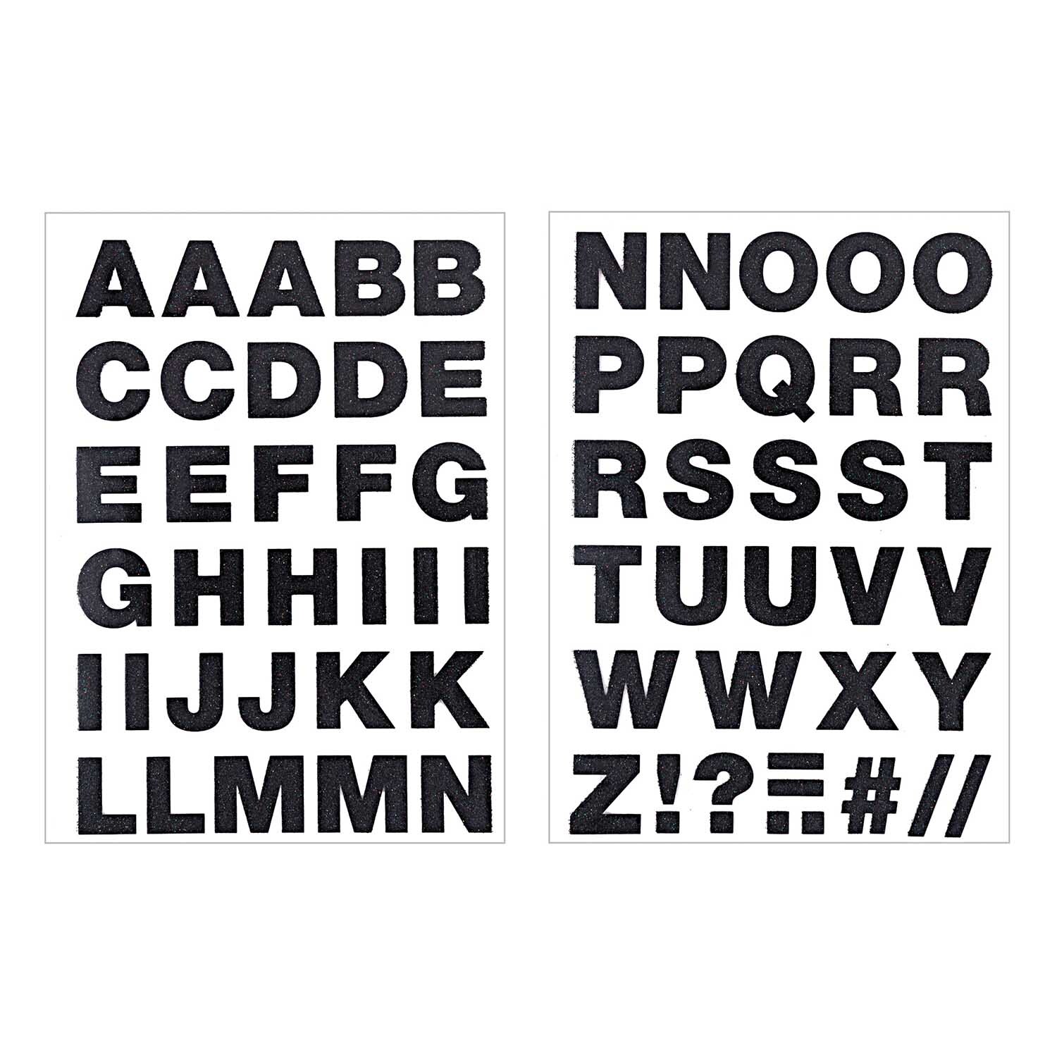 Bügelmotive Buchstaben A-Z schwarz glitter von Rico Design. Zwei Bögen mit schwarzen Buchstaben und Symbolen auf weißem Hintergrund.