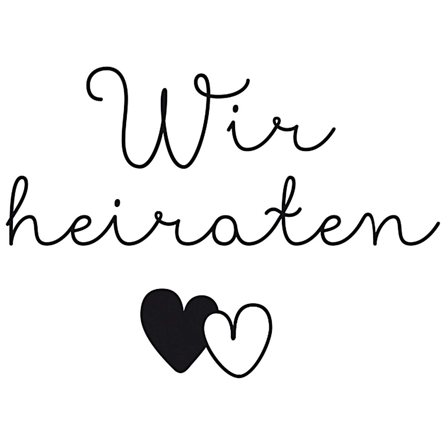 Stempel Wir heiraten 6x4cm von Rico Design mit zwei ineinander verschlungenen Herzen darunter.