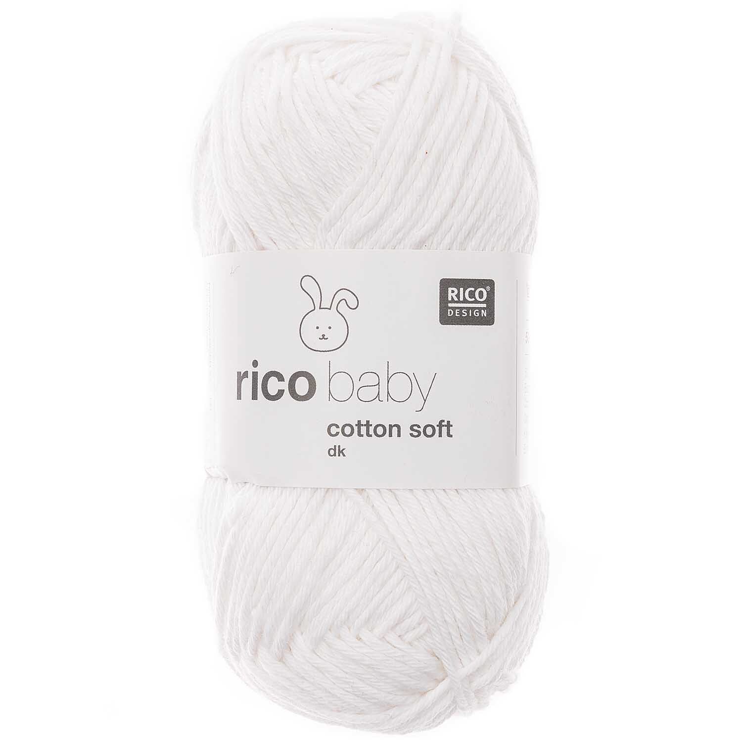 Rico Baby Cotton Soft dk, weiches Garn in Schneeweiß, 50g Knäuel, ideal für Babyprojekte.
