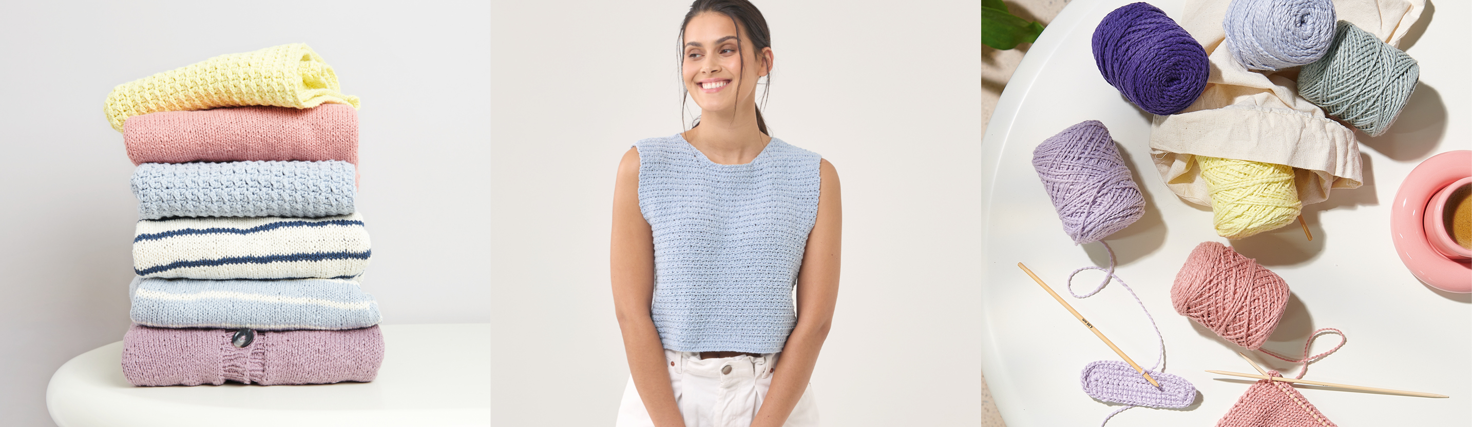 Drei Bilder nebeneinander. Verschiedene gestrickte Pullover und Jacken übereinandergestapelt, eine Frau trägt einen blau gestrickten Pullunder und Garn in verschiedenen Farben.