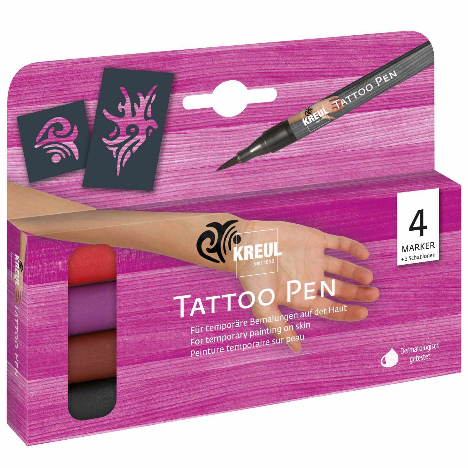 Tattoo Pen 4er-Set Tribals: Vier bunte Stifte von KREUL für temporäre Hautbemalungen, verpackt in einer violetten Box.