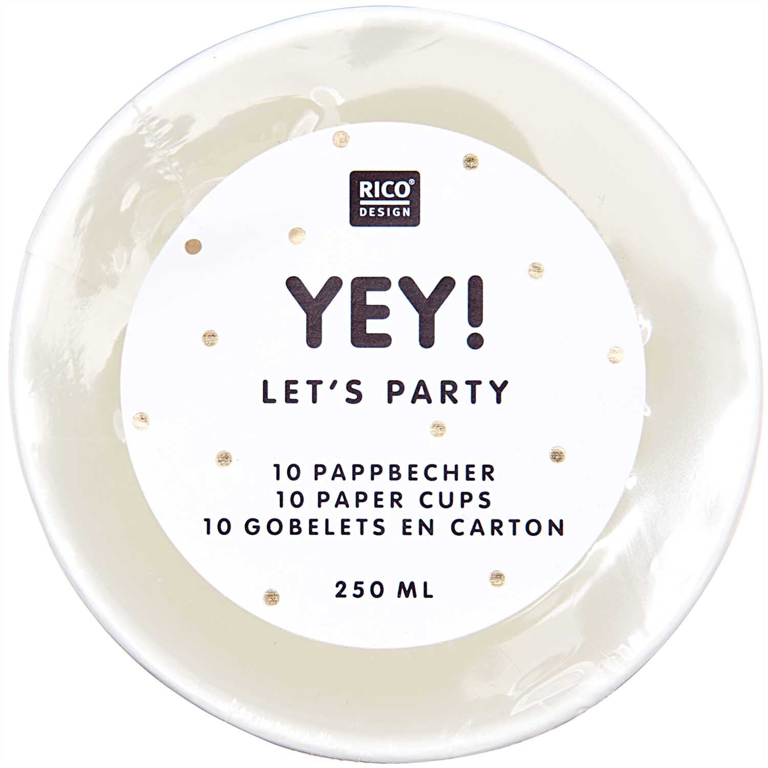 Pappbecher flieder-gold 250ml 10 Stück von Rico Design. Runde Becher mit "Let's Party"-Aufdruck, ideal für Feiern.