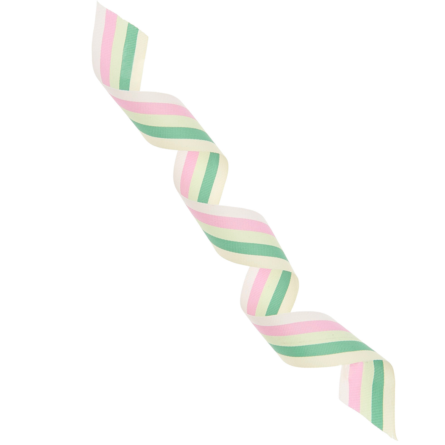 Webband Multi Streifen in Rosa, Grün und Gelb von Rico Design, 25mm breit, 3m lang, spiralförmig drapiert.