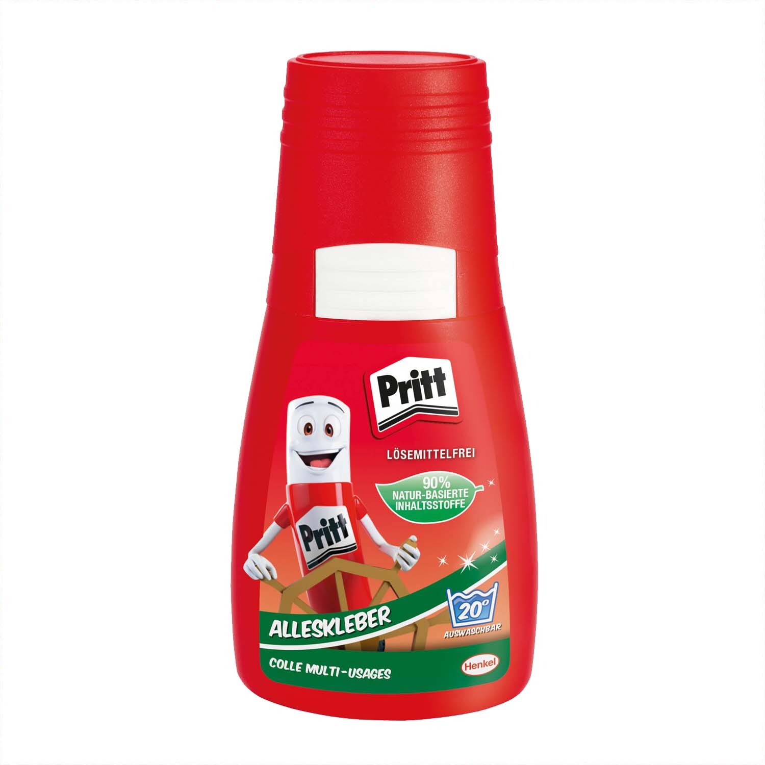 Alleskleber 50g von Pritt in roter Flasche mit lächelndem Maskottchen, ideal für vielseitige Anwendungen.