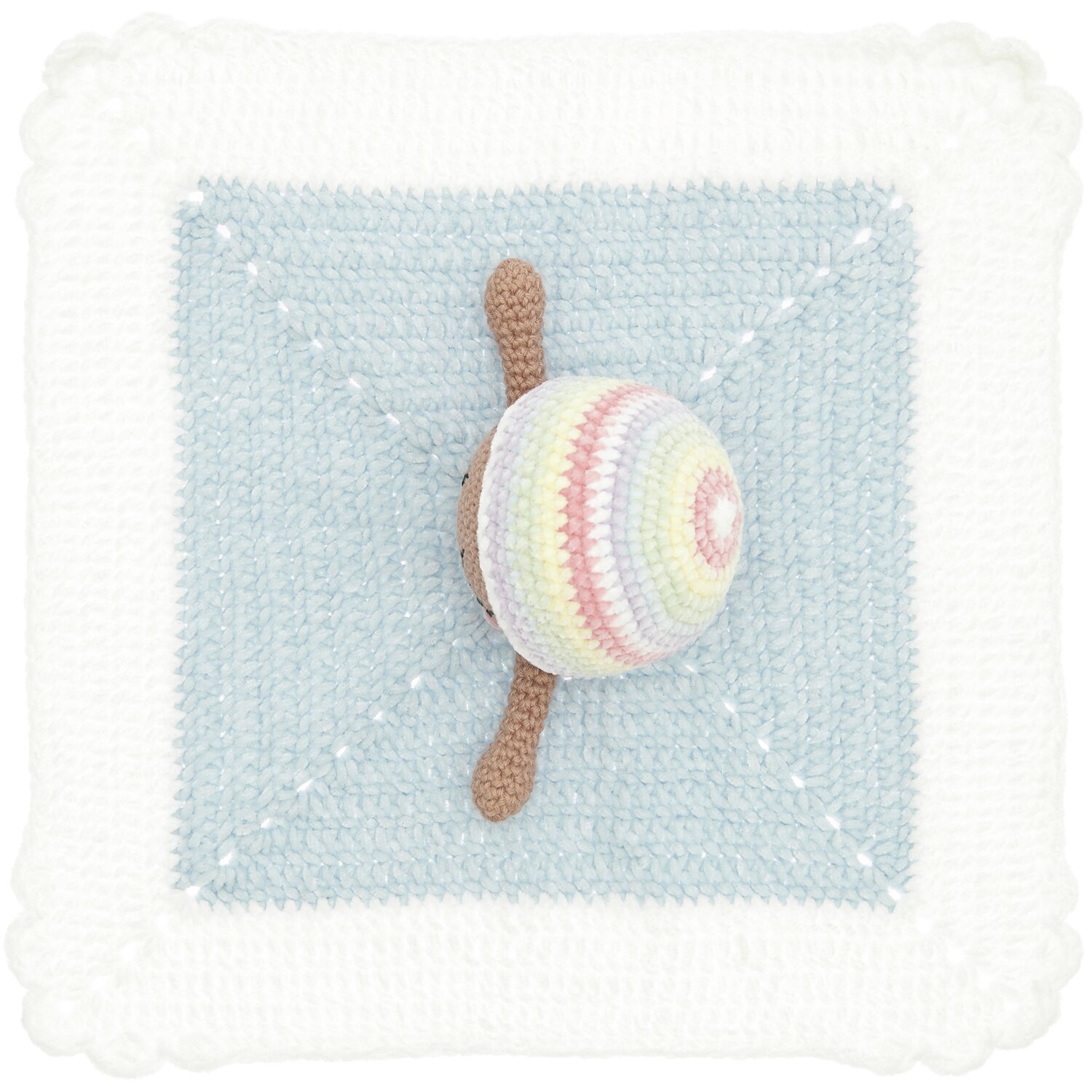 Häkelset Ricorumi Baby Blankies Pastel Rainbow: Pastellfarbene gehäkelte Decke mit niedlichem Tiermotiv in der Mitte, von Rico Design.
