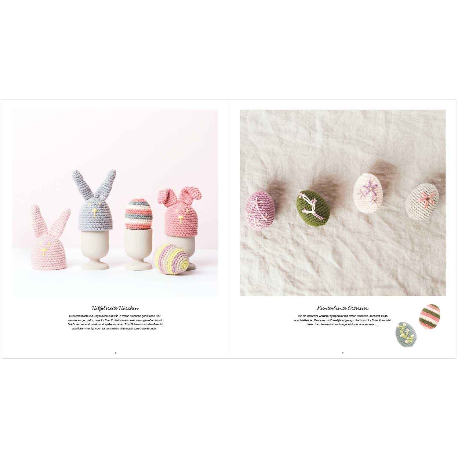 Ricorumi Heartbreakers: Gehäkelte Eierwärmer in Pastellfarben und Hasenform von Rico Design auf weißem Hintergrund.
