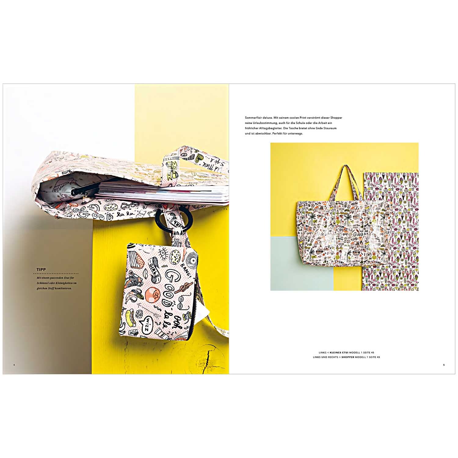 Das Kleine Rico Nähbuch Magical Summer zeigt bunte Taschen und Etuis mit kreativen Mustern. Ideal für DIY-Projekte von Rico Design.