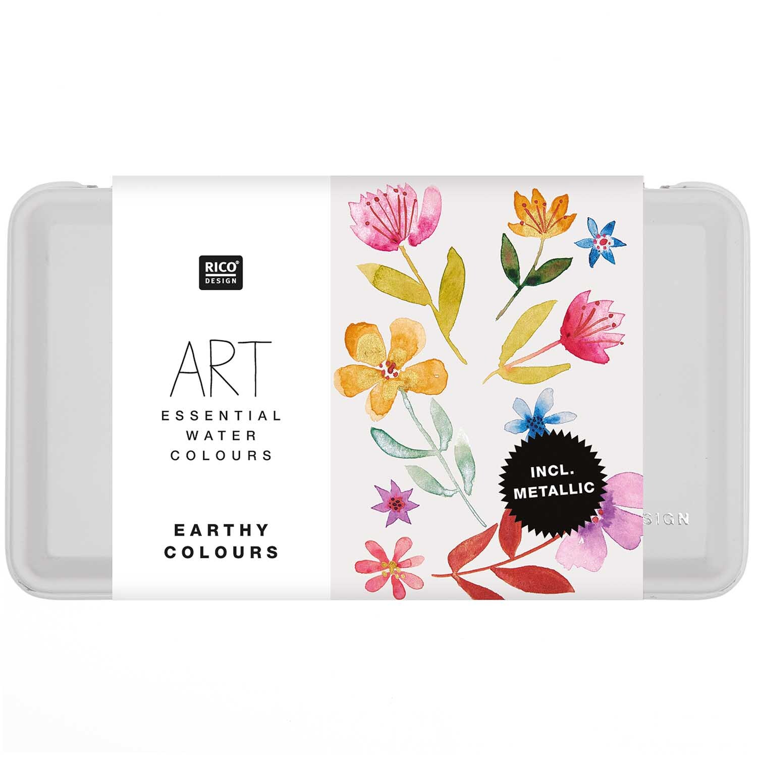 ART Essential Aquarellfarben Earthy Colours, 12 Farben von Rico Design, mit floralen Motiven auf der Verpackung.