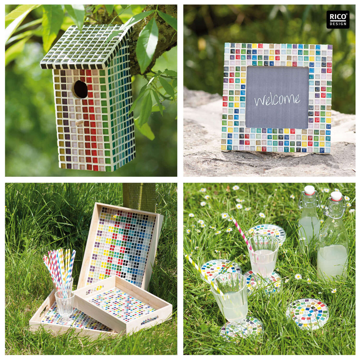 Bastelanleitung Deko mit Mosaiksteine: Buntes Vogelhaus und Bilderrahmen im Garten, ideal für kreative DIY-Projekte.