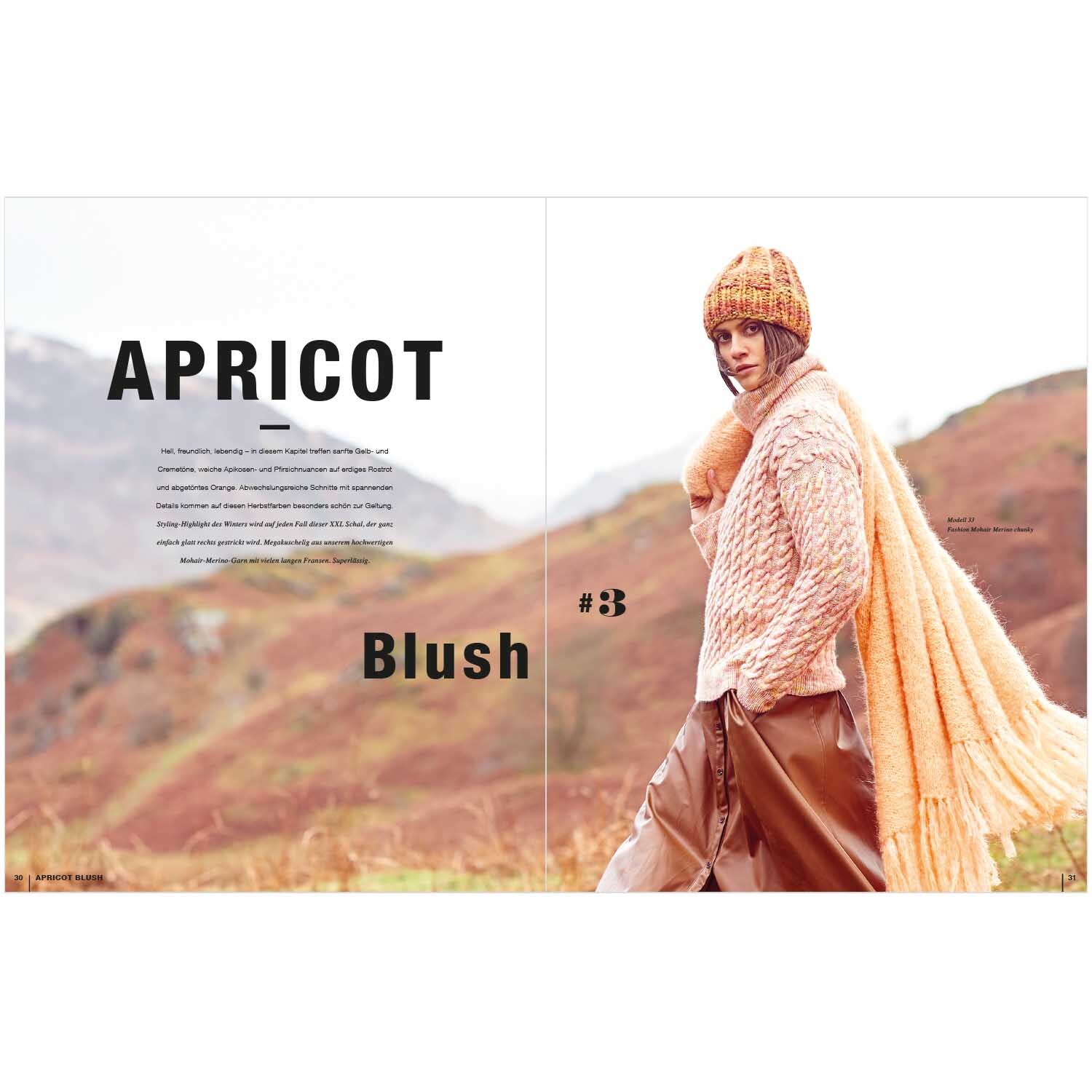 Lovewool Nr.11 Handstrickmagazin Herbst-Winter zeigt eine Frau in apricotfarbener Strickmode vor herbstlicher Berglandschaft.