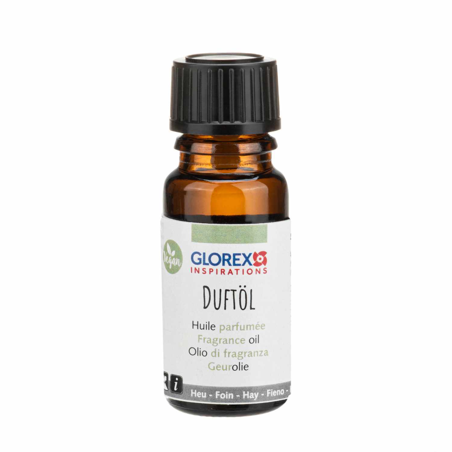 Duftöl in einer 10ml Flasche von Glorex. Braunes Glas mit schwarzem Verschluss, ideal für Aromatherapie.