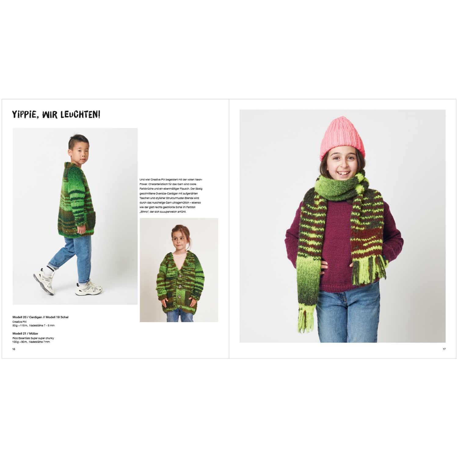 Kids Nr.12: Kind in grünem Strickpullover und Schal von Rico Design, lächelnd mit pinker Mütze.