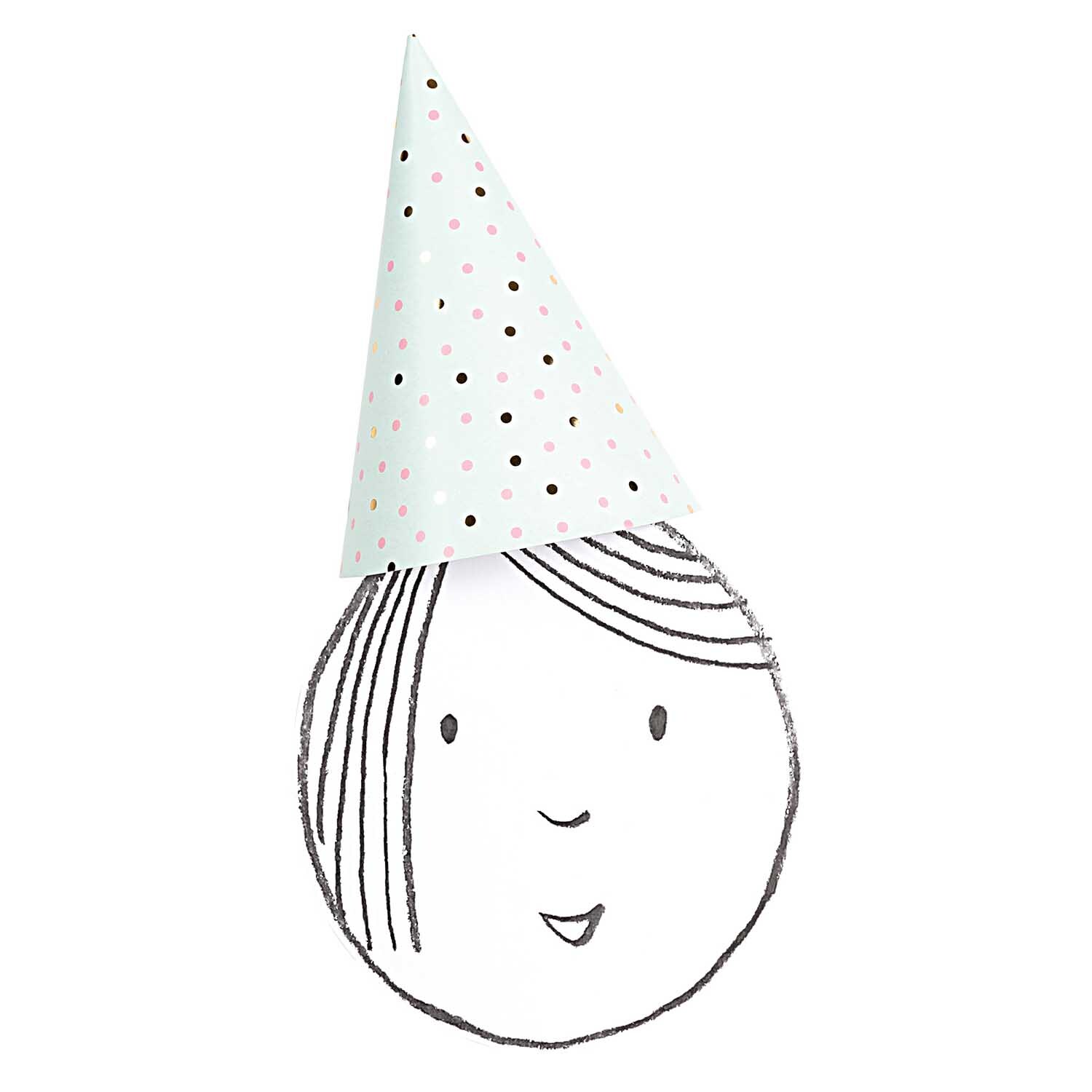 Partyhüte Prinzessin 20cm 8 Stück von Rico Design: Ein bunter Partyhut auf einem gezeichneten Gesicht.