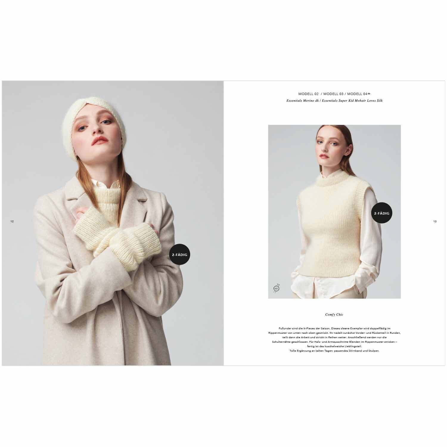 Top Down Knitting Special: Frau in cremefarbenem Mantel und Strickhandschuhen von Rico Design.