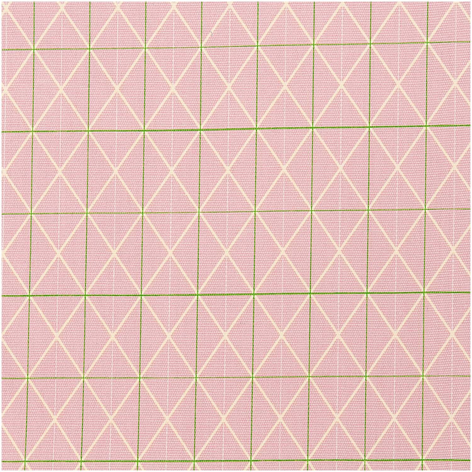 Druckstoff Canvas Raster rosa 140cm von Rico Design zeigt ein geometrisches Muster mit grünen Linien auf rosa Hintergrund.