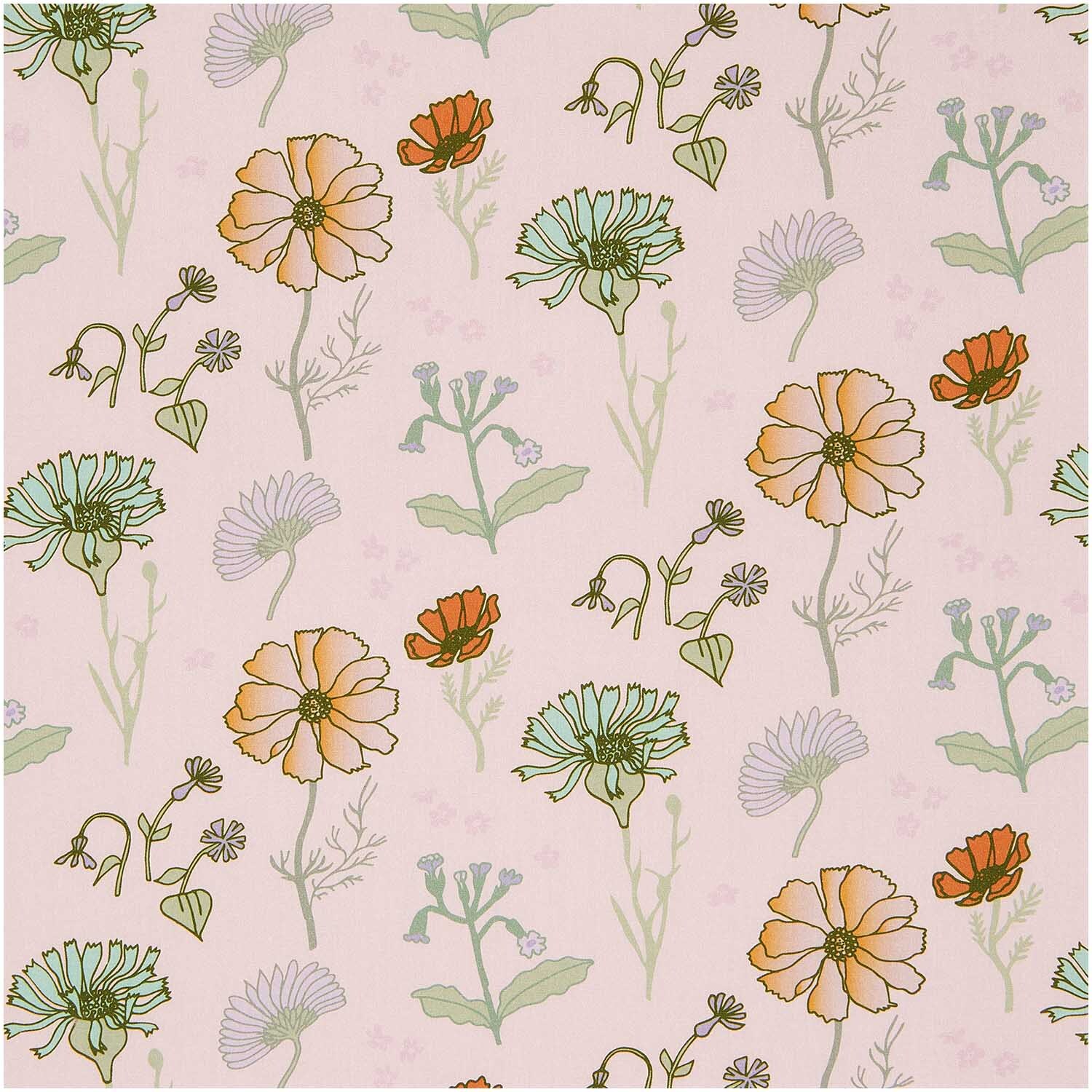 Stoffabschnitt Baumwoll-Popelin Blumen Rosa mit floralen Mustern in zarten Farben, ideal für kreative Nähprojekte. Maße: 50x140cm.