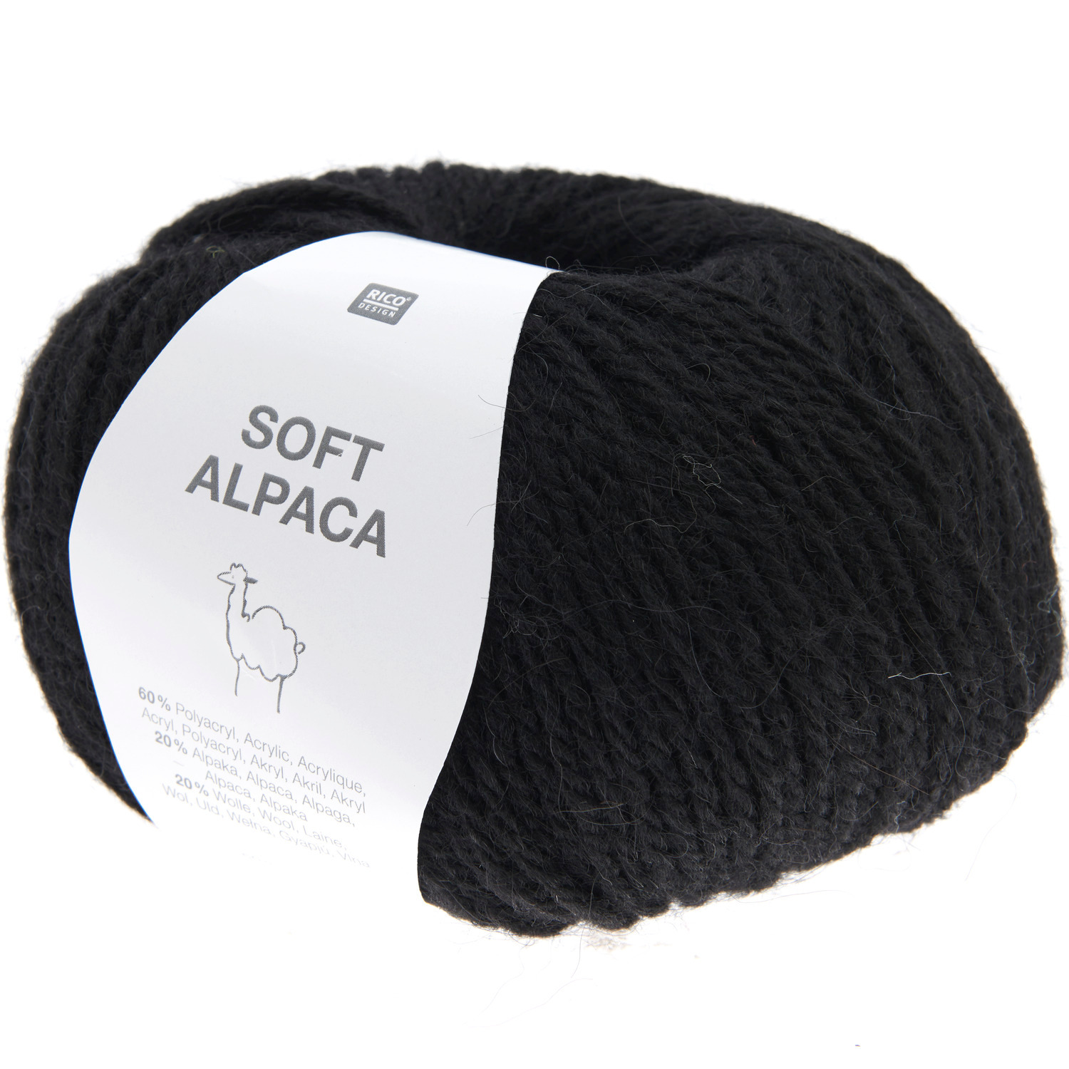 Soft Alpaca Wolle von Rico Design in Schwarz, ideal für Stricksets wie Weste, Stirnband und Mütze.