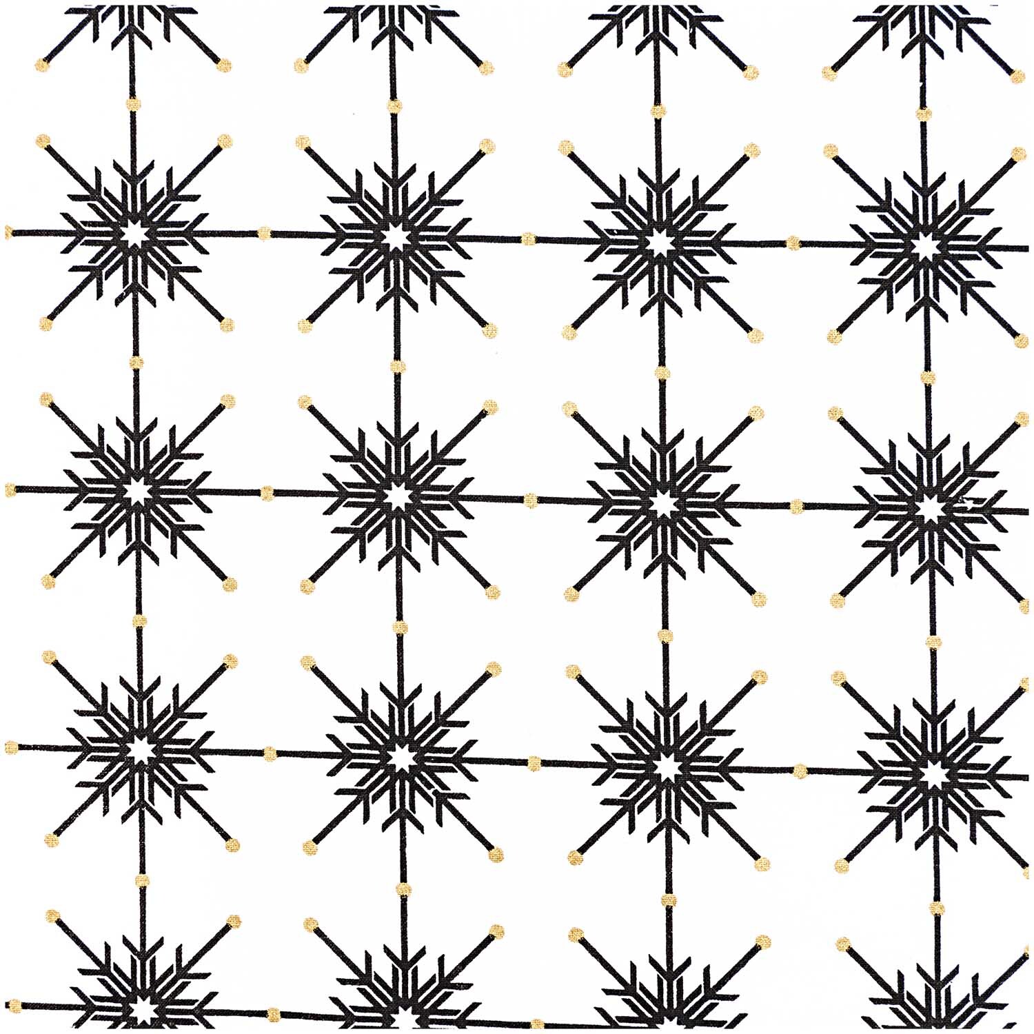 Stoff Eiskristall schwarz-gold 50x140cm von Rico Design mit schwarzem Eiskristallmuster auf weißem Hintergrund, verziert mit goldenen Akzenten.