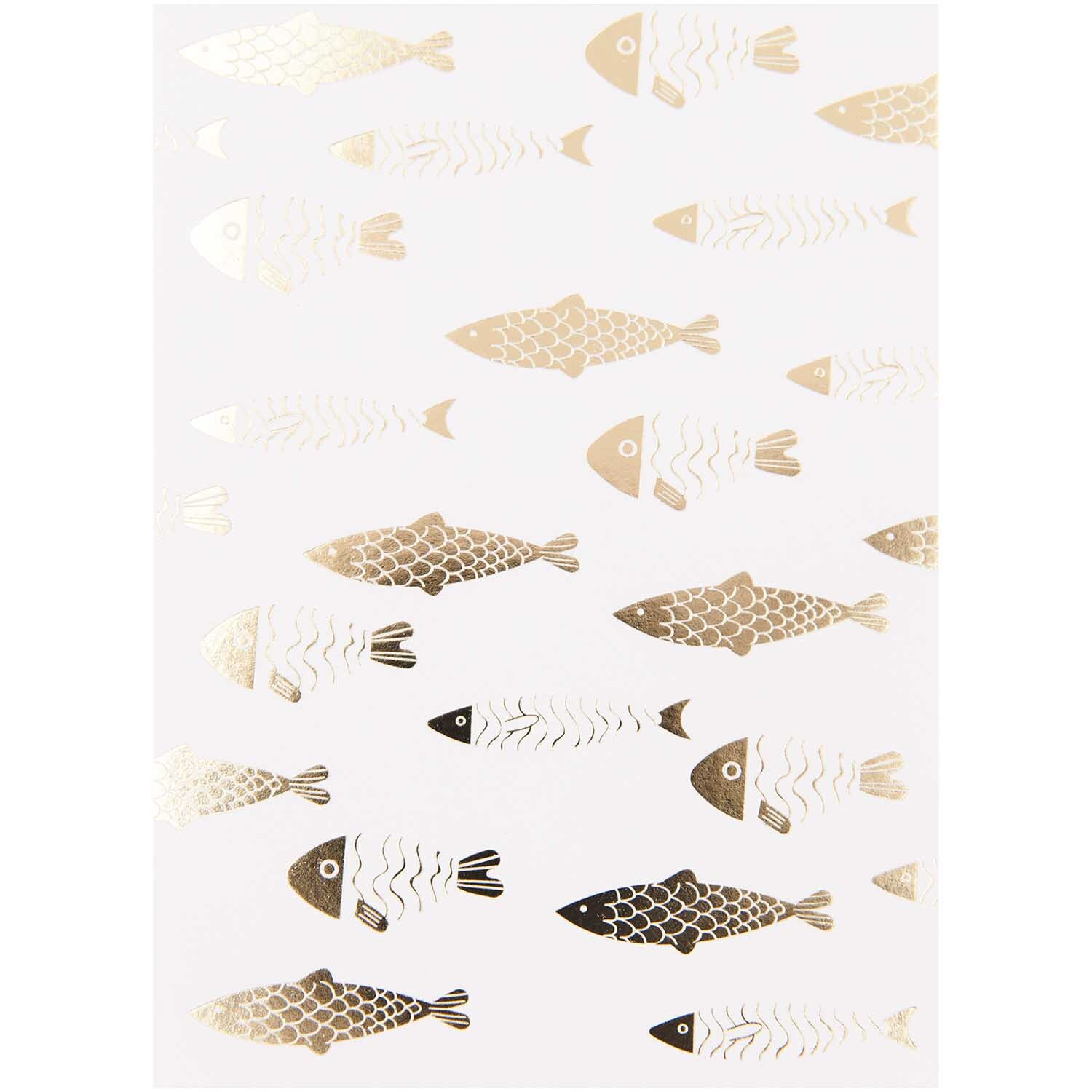 Paper Poetry Postkartenblock Fische mit goldenen und weißen Fischmotiven von Rico Design. Ideal für kreative Projekte.