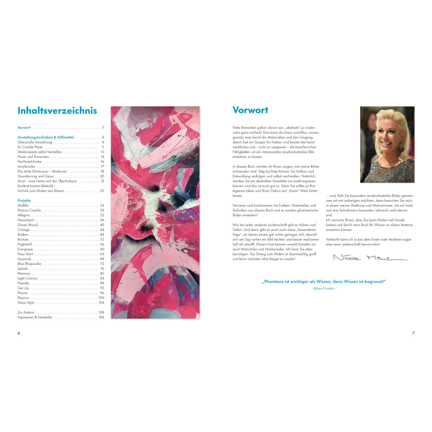 Abstrakte Bilder in Acryl malen: Inhaltsverzeichnis und Vorwort mit farbenfrohem Kunstwerk und Autorenfoto. Christophorus Verlag.
