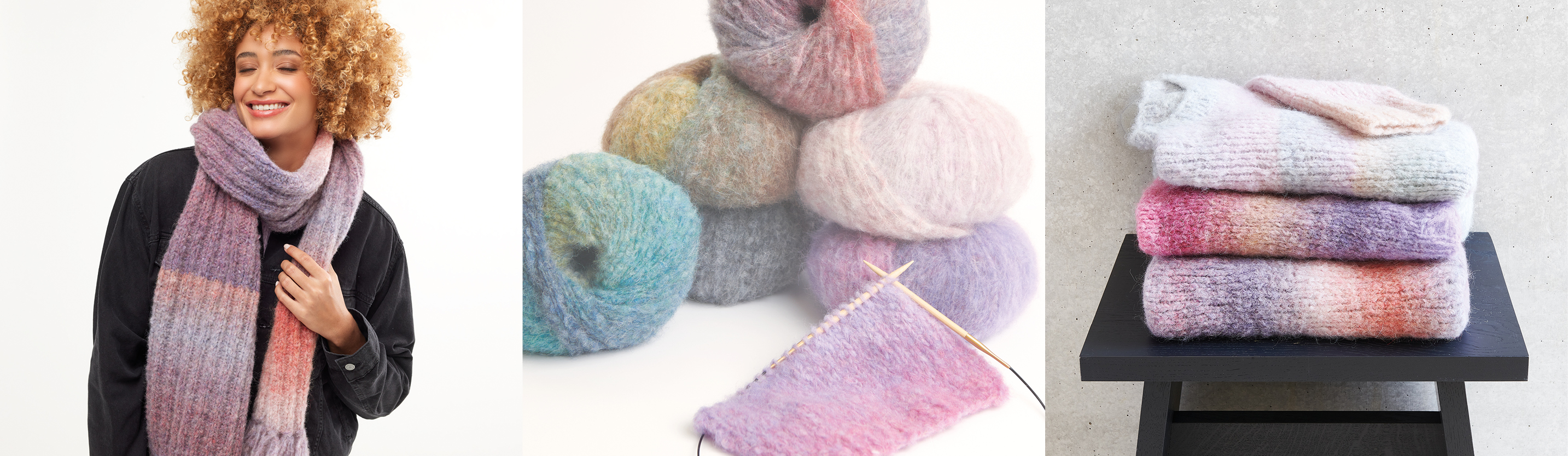 Drei Bilder nebeneinander. Eine Frau trägt einen lila farbigen Schal, Farbverlaufsgarne mit Rundstricknadeln und Strickstück und gestrickte Pullover auf einem Hocker gestapelt.