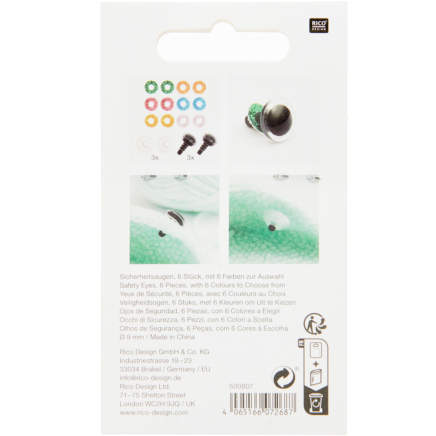 Sicherheitsaugen-Set für Kuscheltiere, 6 Farben, 3 Paar 9mm. Enthält bunte Augen und Befestigungen. Ideal für DIY-Projekte.