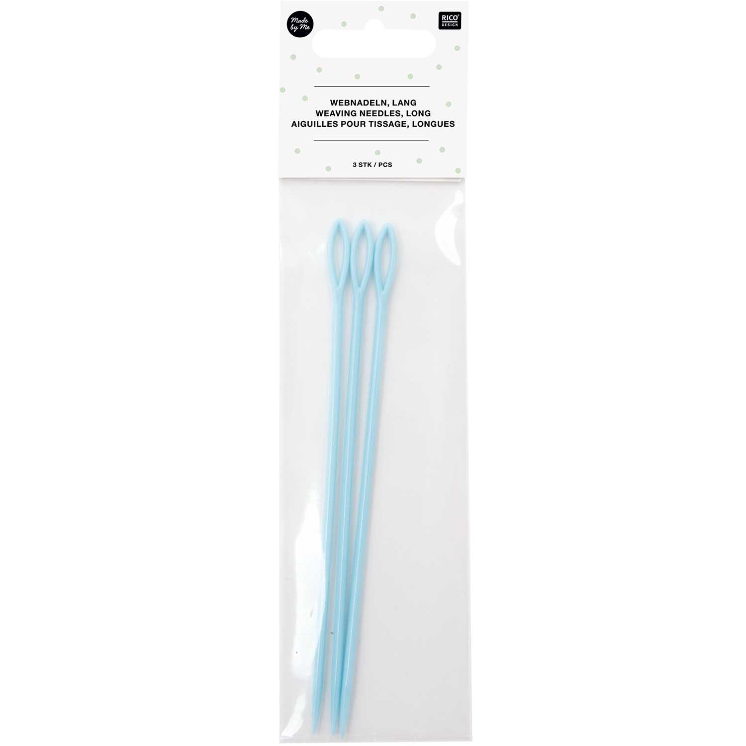 Webnadeln lang 15cm 3 Stück von Rico Design, hellblaue Nadeln in transparenter Verpackung. Ideal für Handarbeiten.