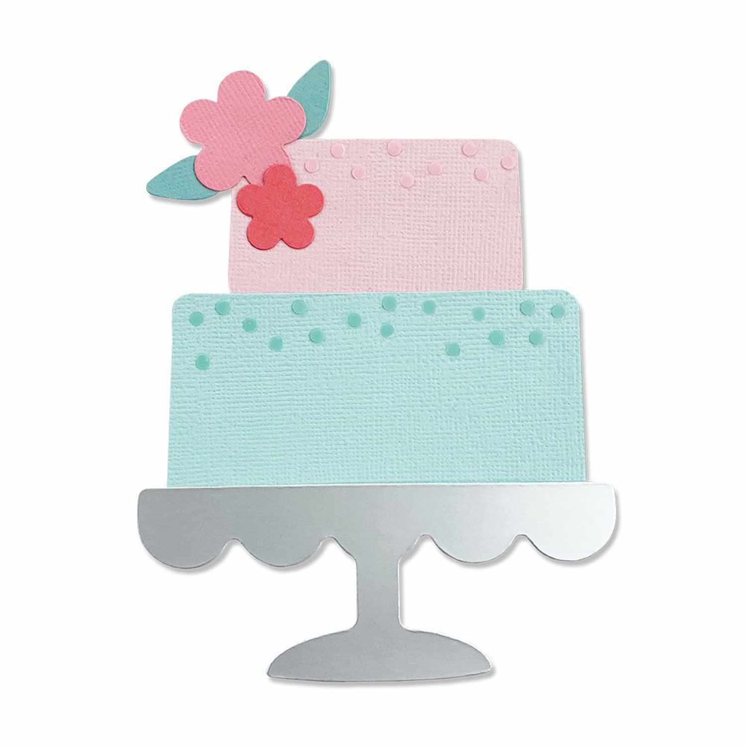 Bigz Die Celebration Cake zeigt einen zweistöckigen Kuchen mit rosa und blauen Schichten, dekoriert mit Blumen, auf einem silbernen Ständer.