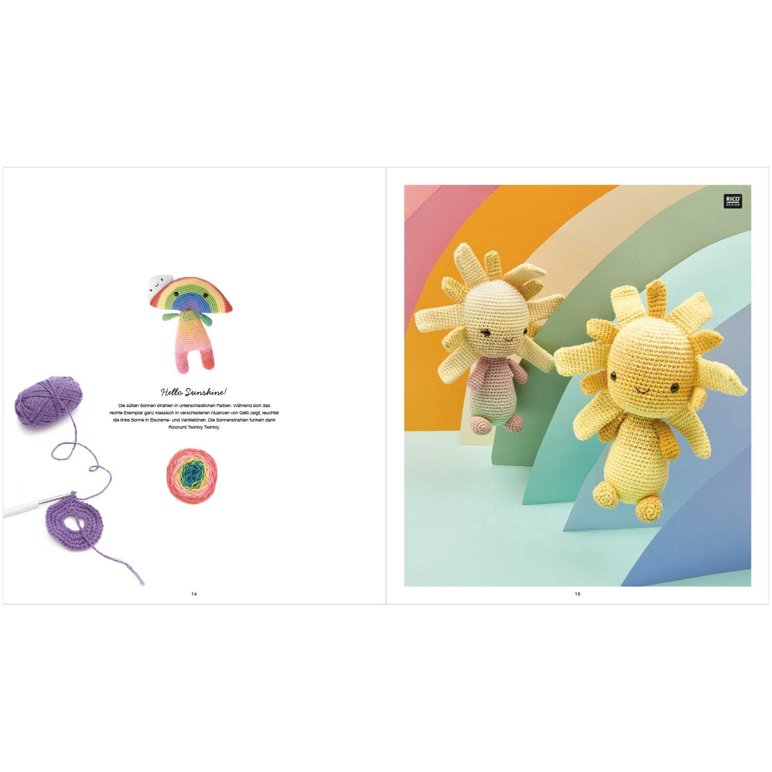 Ricorumi Element Heads deutsch: Zwei gehäkelte Sonnenfiguren vor einem bunten Regenbogenhintergrund.