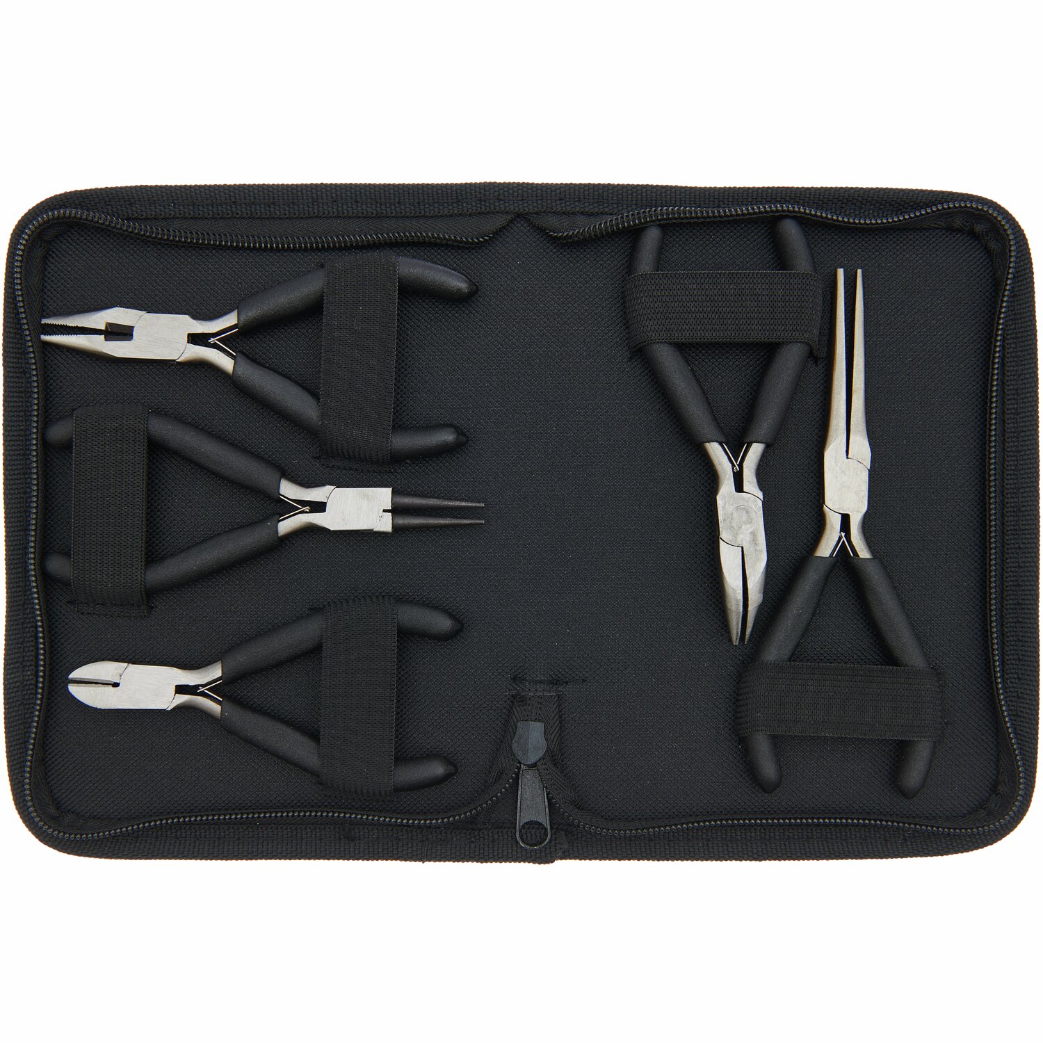 Zangenetui mit 5 Zangen von Rico Design in einem schwarzen Etui, ideal für präzise Arbeiten.
