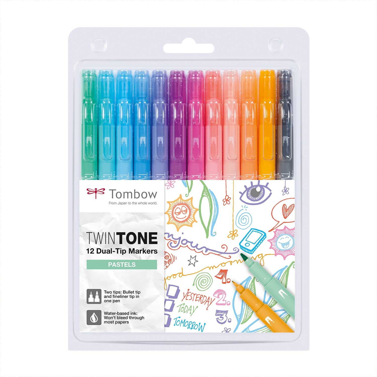 TwinTone Pastels 12 Stück von Tombow: Set aus bunten Dual-Tip-Markern in einer transparenten Verpackung. Ideal für kreative Projekte.