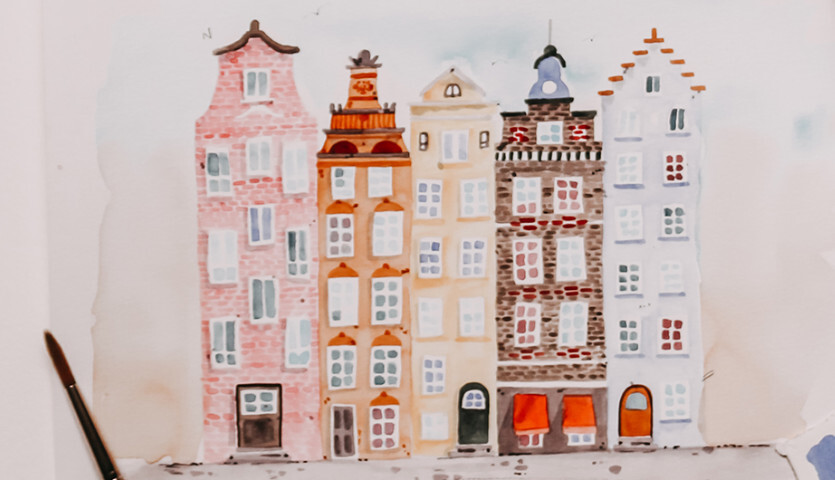 Anleitung Urban Watercoloring mit May & Berry: Aquarellierte Stadthäuser in sanften Pastelltönen, detailreich und kreativ gestaltet.
