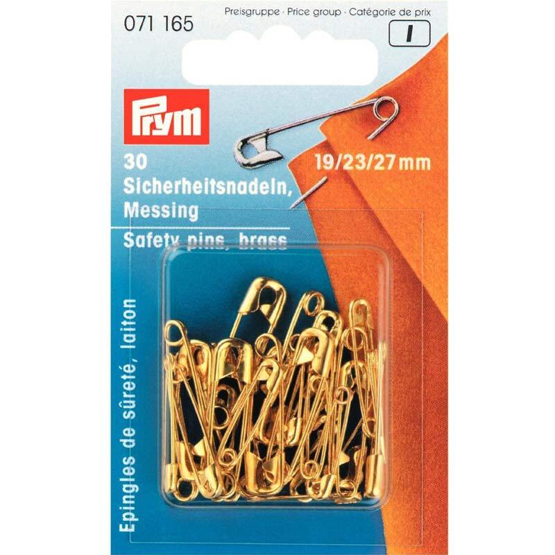 Sicherheitsnadeln gold 3 Gr. 30 Stück von Prym, abgebildet in einer blauen Verpackung mit goldenen Nadeln.