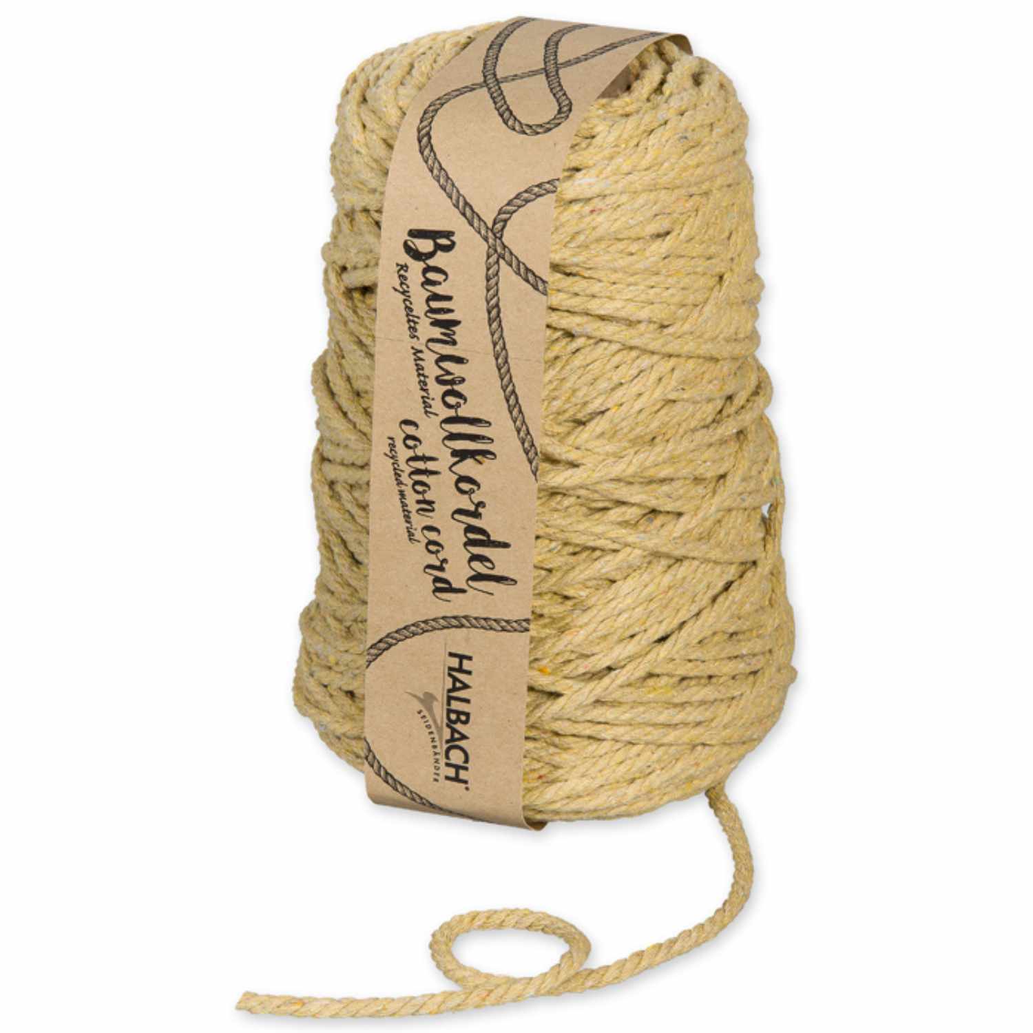 Baumwollkordel für Makramee, 5mm dick, 80m lang, in Strohfarbe, von Halbach, aufgerollt.