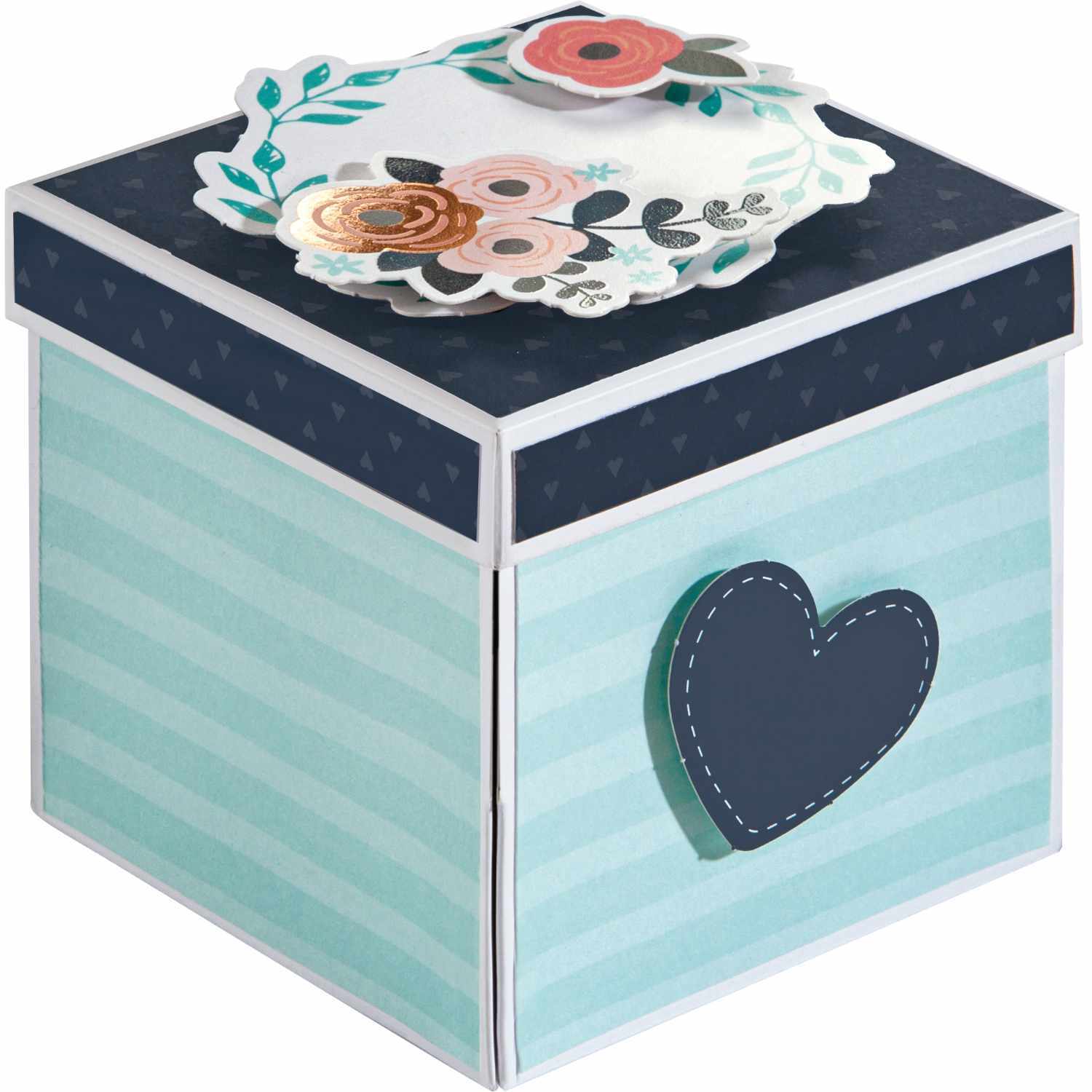 Explosionsbox Bastelset Romantik: Eine dekorative Box in Blau mit Herzmotiv und floralen Verzierungen, ideal für kreative Geschenke.