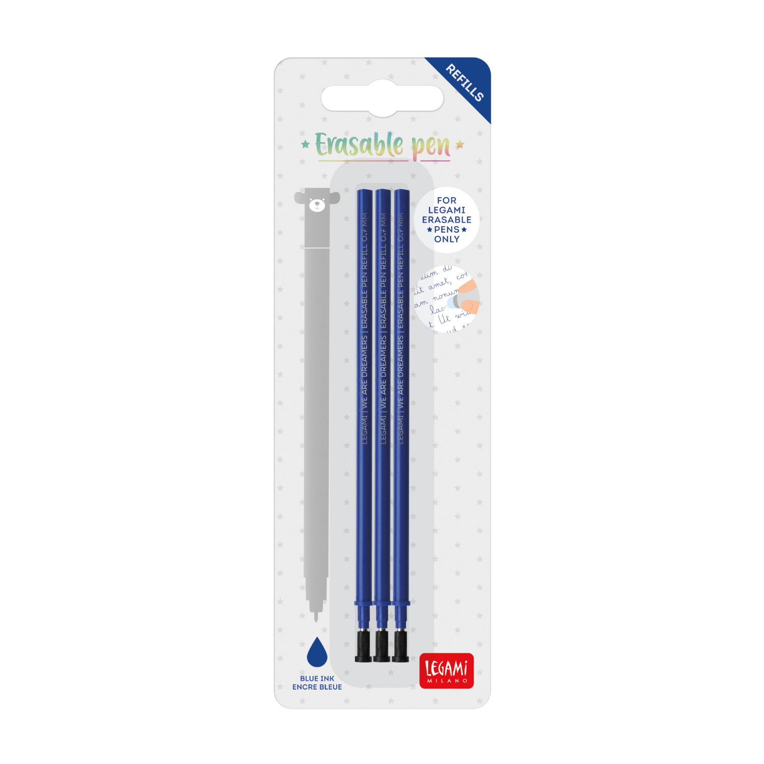 Ersatzmine für löschbaren Gelstift, 3 Stück, von Legami in Blau auf weißem Hintergrund. Ideal für präzises Schreiben.