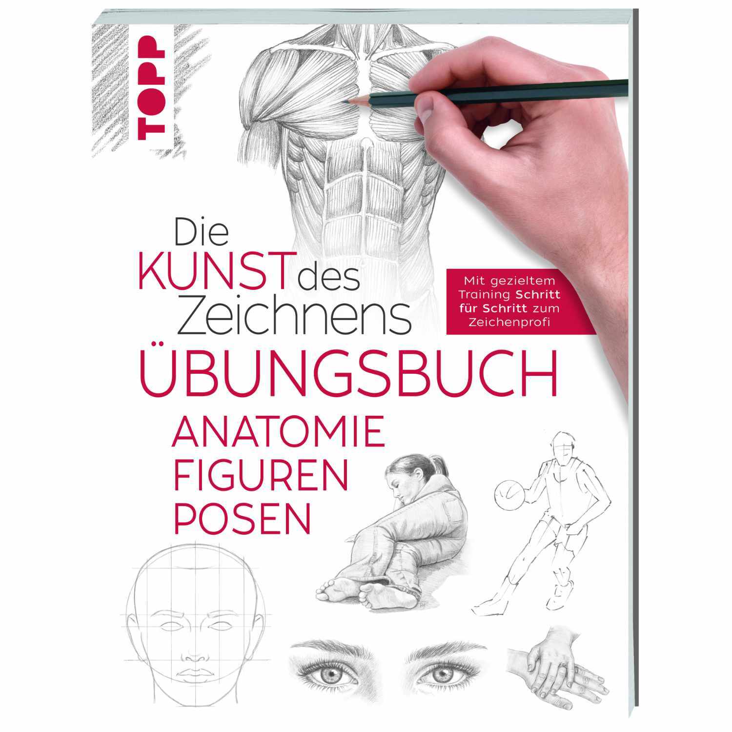 Die Kunst des Zeichnens Übungsbuch zeigt anatomische Skizzen und eine Hand beim Zeichnen. Marke: TOPP.