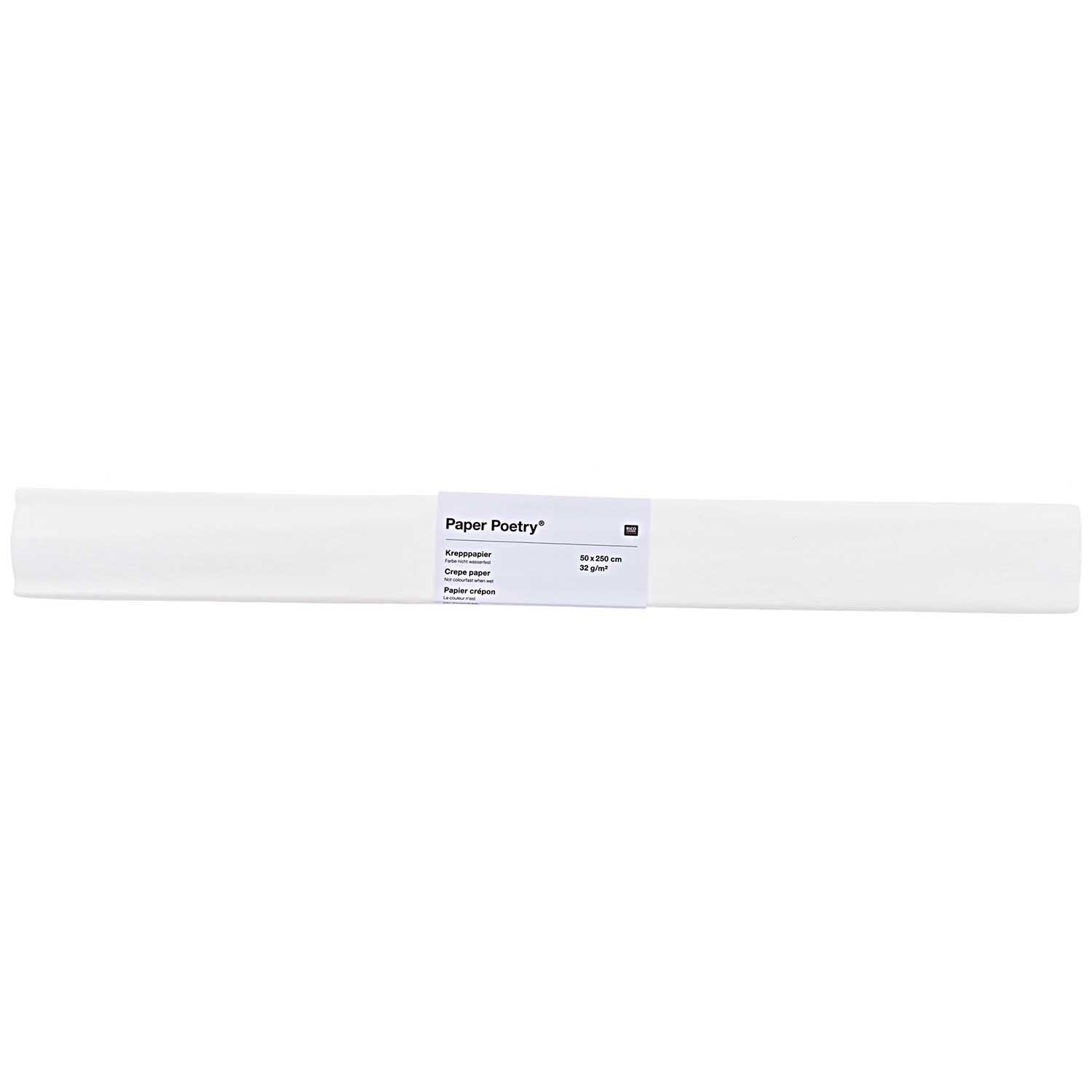 Krepp-Papier 50x250cm von Rico Design in Weiß, zusammengerollt und bereit für kreative Projekte.
