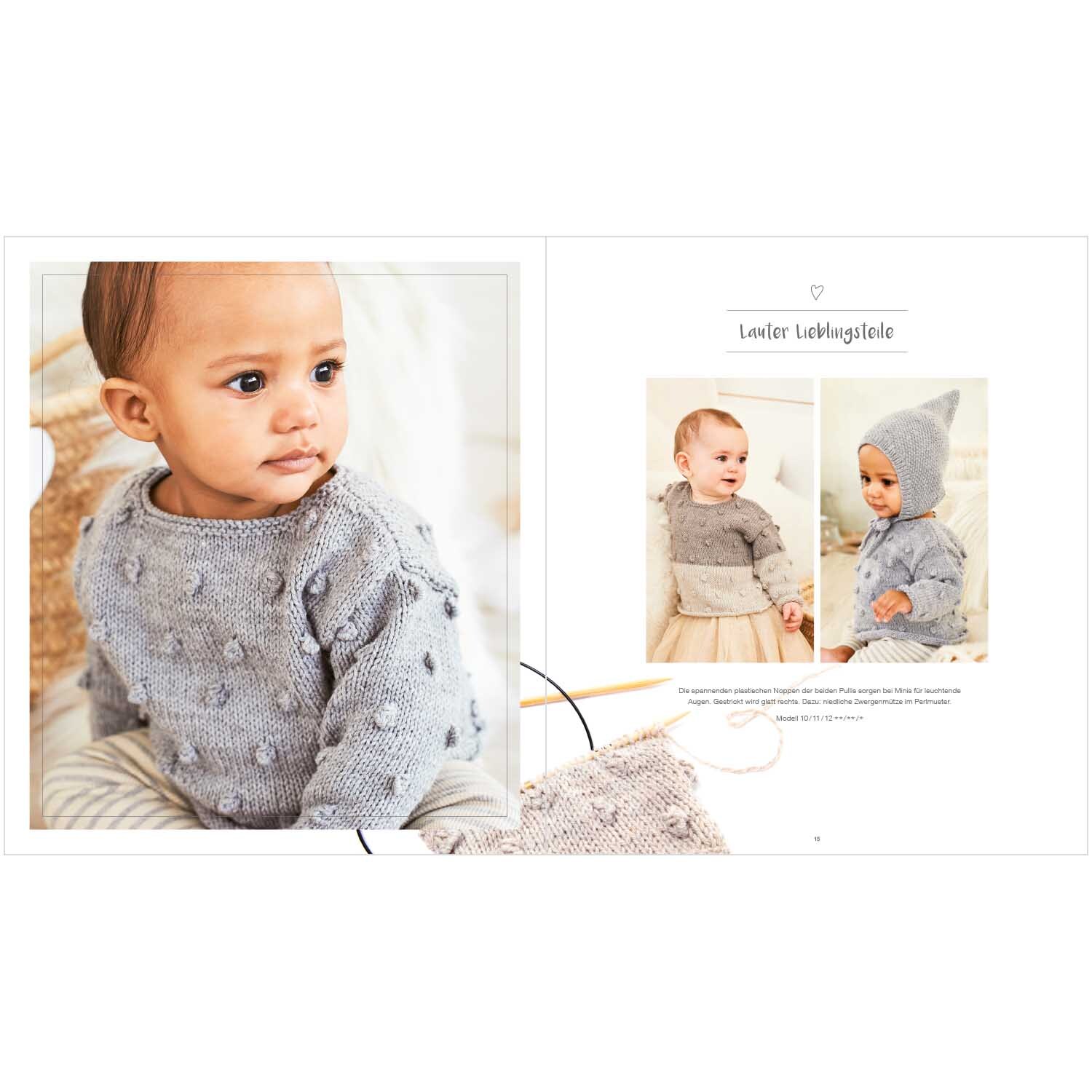 Rico Baby Heft Nr.25 zeigt ein Baby in einem gestrickten, grauen Pullover von Rico Design.