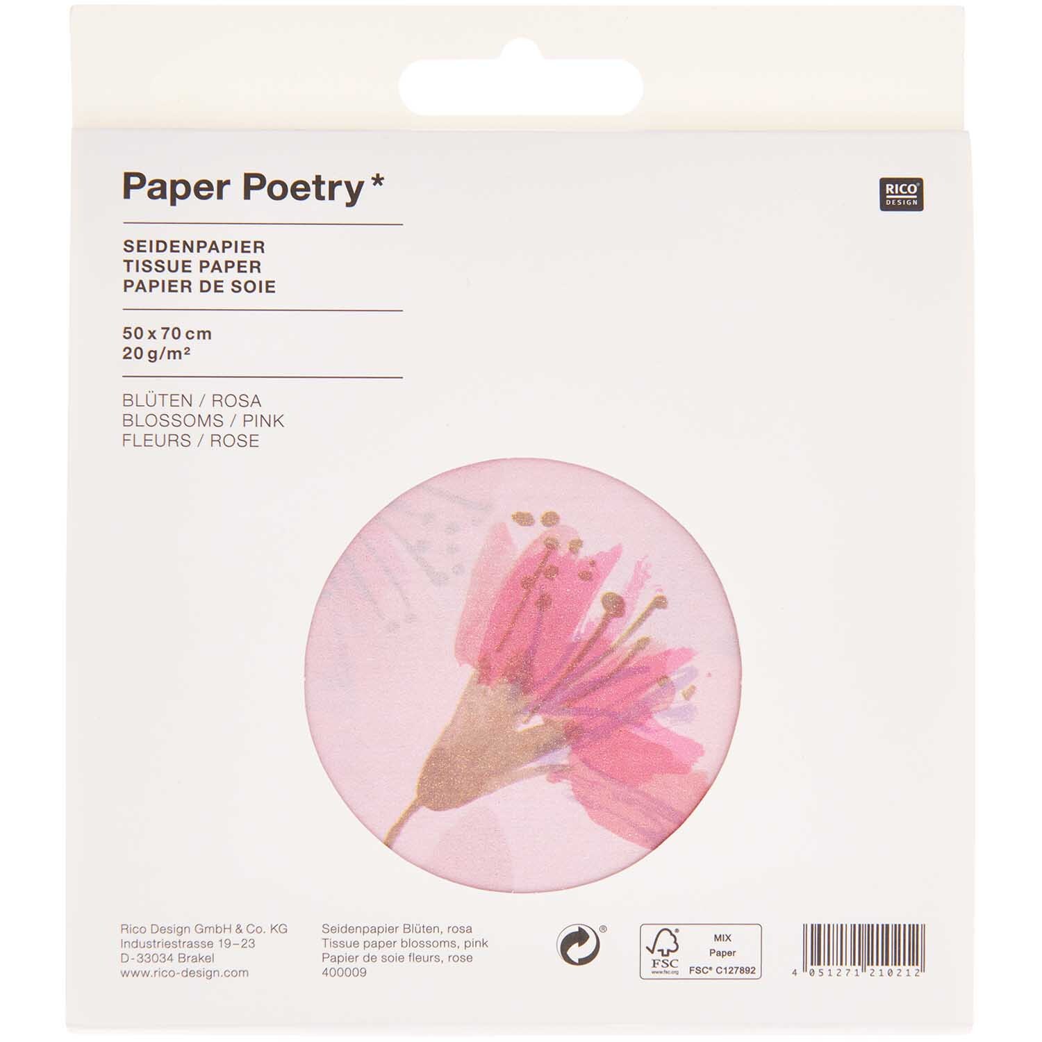 Paper Poetry Seidenpapier mit Blütenmotiv in Rosa, 50x70cm, 5 Bogen, von Rico Design. Ideal für kreative Projekte.