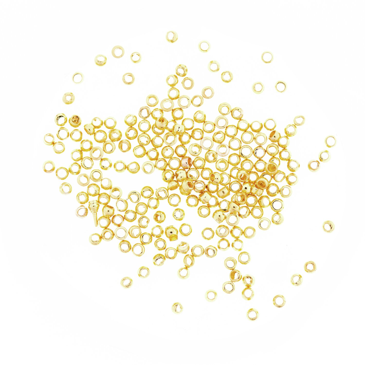 QuetschPerle gold 1,5mm 200 Stück von Rico Design. Goldene Perlen auf weißem Hintergrund, ideal für Schmuckherstellung.