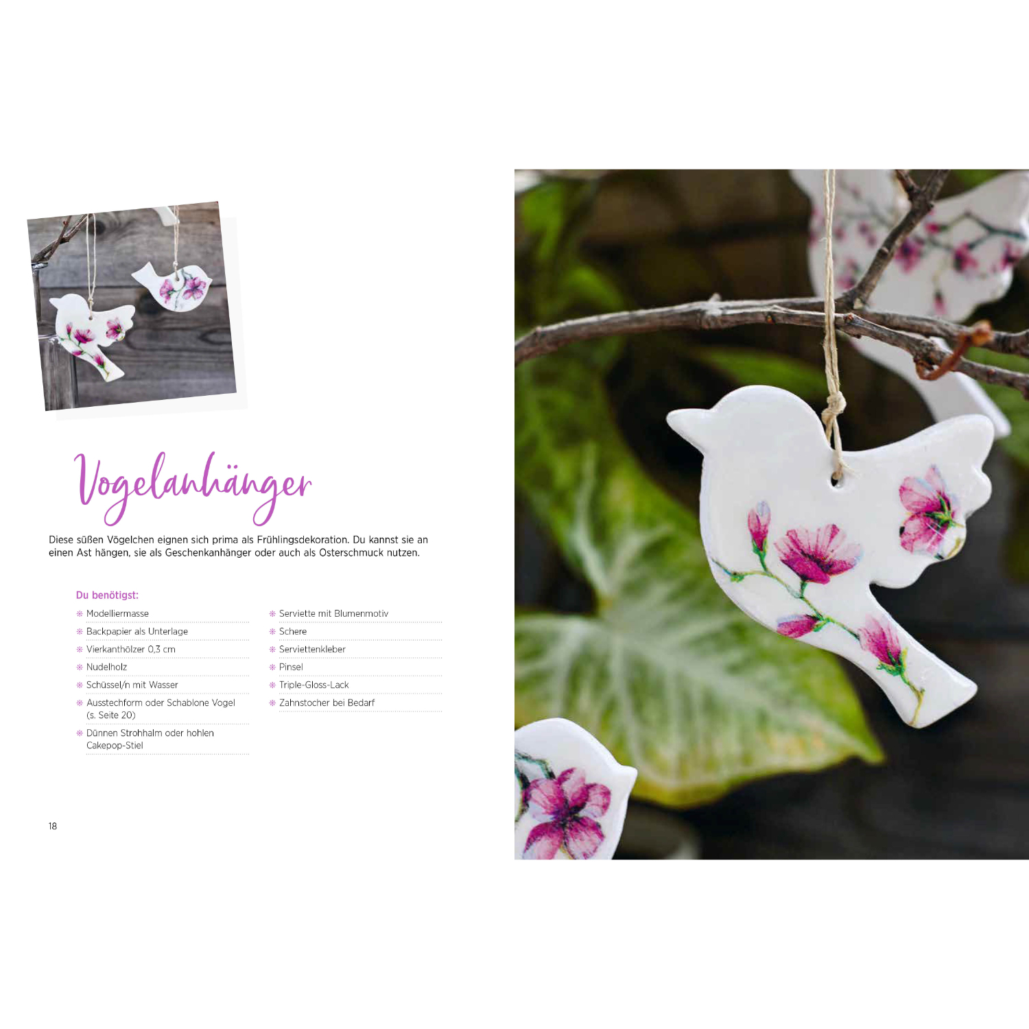 Töpfer dich glücklich: Keramik-Vogelanhänger mit rosa Blumenmotiv, ideal für Frühlingsdekorationen.