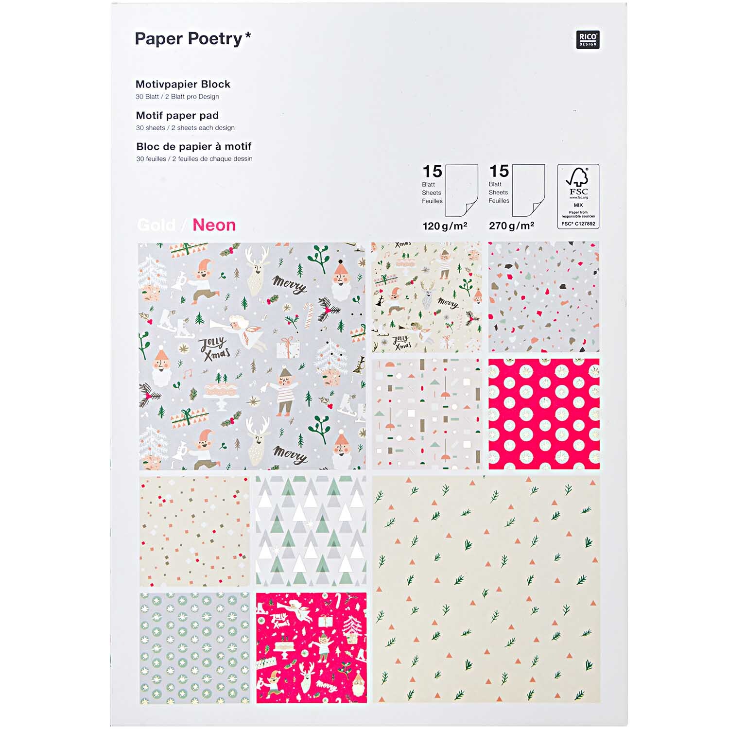 Paper Poetry Motivpapierblock Jolly Christmas pastell mit 30 Blättern von Rico Design zeigt festliche Muster in Pastelltönen. Ideal für kreative Projekte.