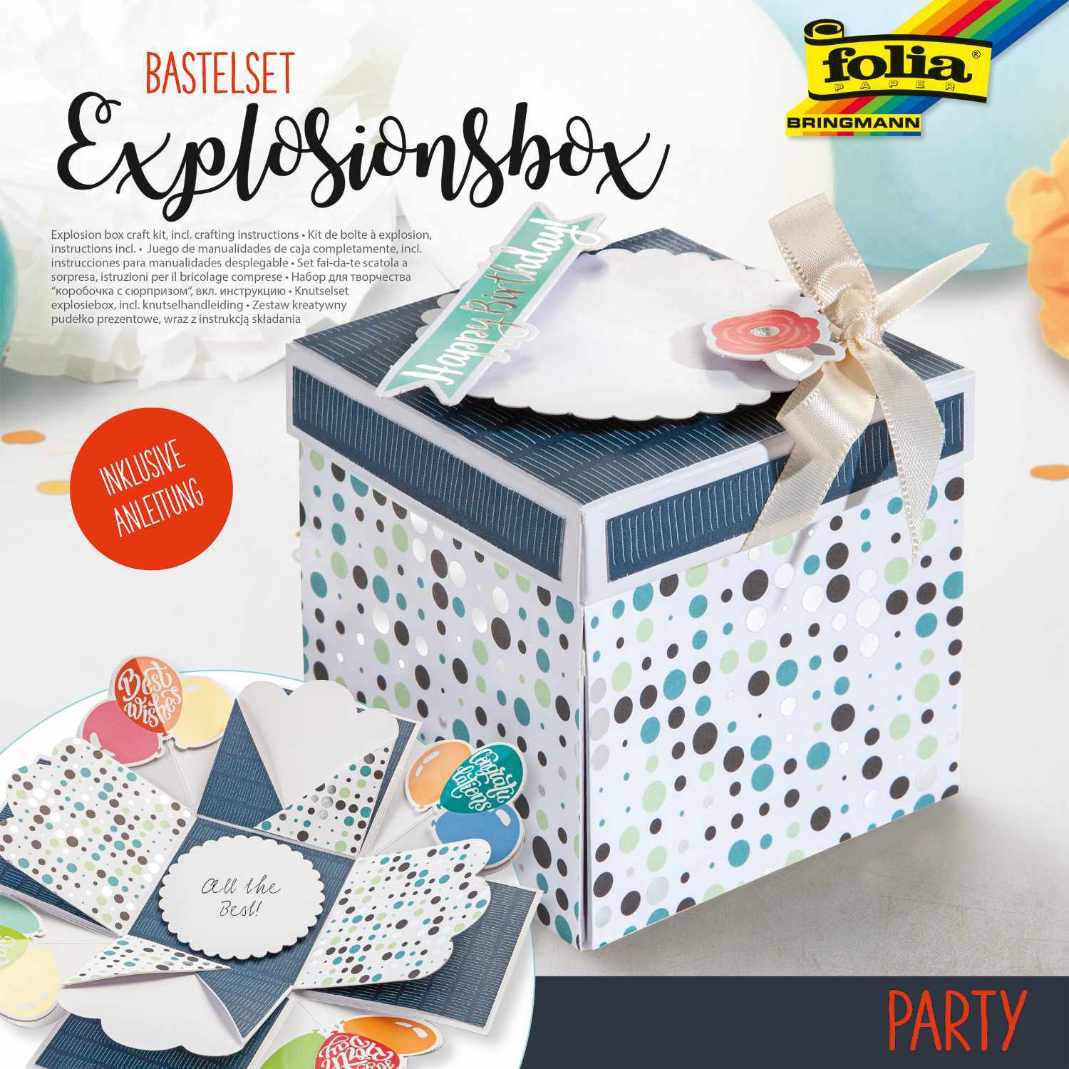Explosionsbox Bastelset Party: Kreatives Set mit gepunkteter Box und Anleitung, ideal für Feierlichkeiten. Marke: folia.