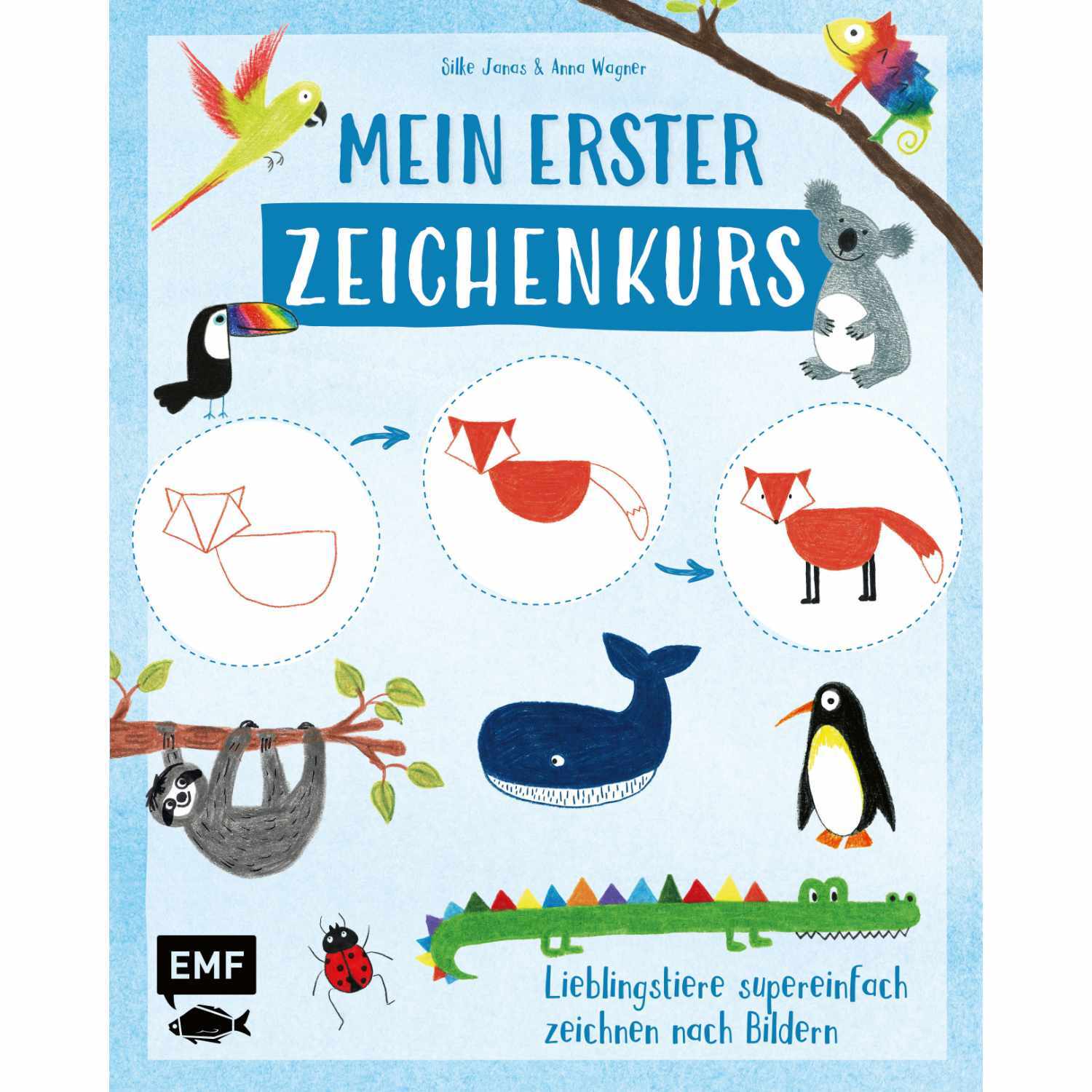 Mein erster Zeichenkurs zeigt bunte Tiere und einfache Zeichenschritte auf einem blauen Hintergrund.