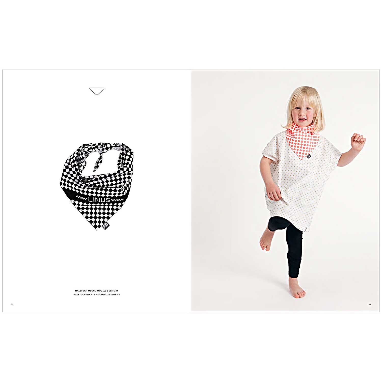 Das große Rico Näh- und Stickbuch zeigt ein Kind in einem weißen Kleid mit rotem Halstuch. Links ein schwarz-weißes Muster.