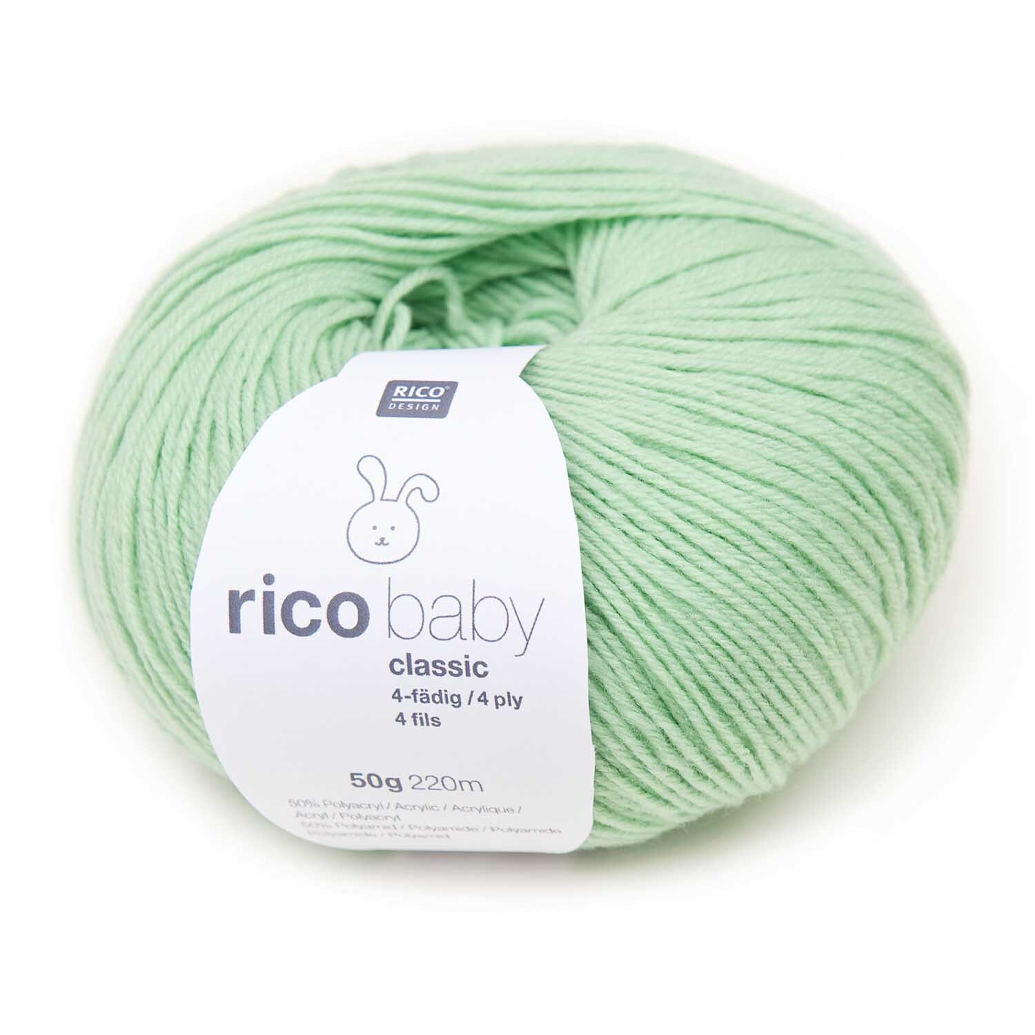 Rico Baby Classic 4fädig Wolle in sanftem Grün, 50g Knäuel mit 220m Lauflänge, ideal für Babykleidung.